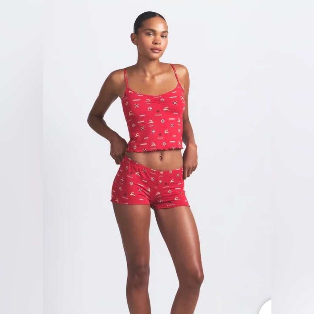 SKIMS Sleep Cami Shorts Set Cranberry Vintage Deer Print size XL